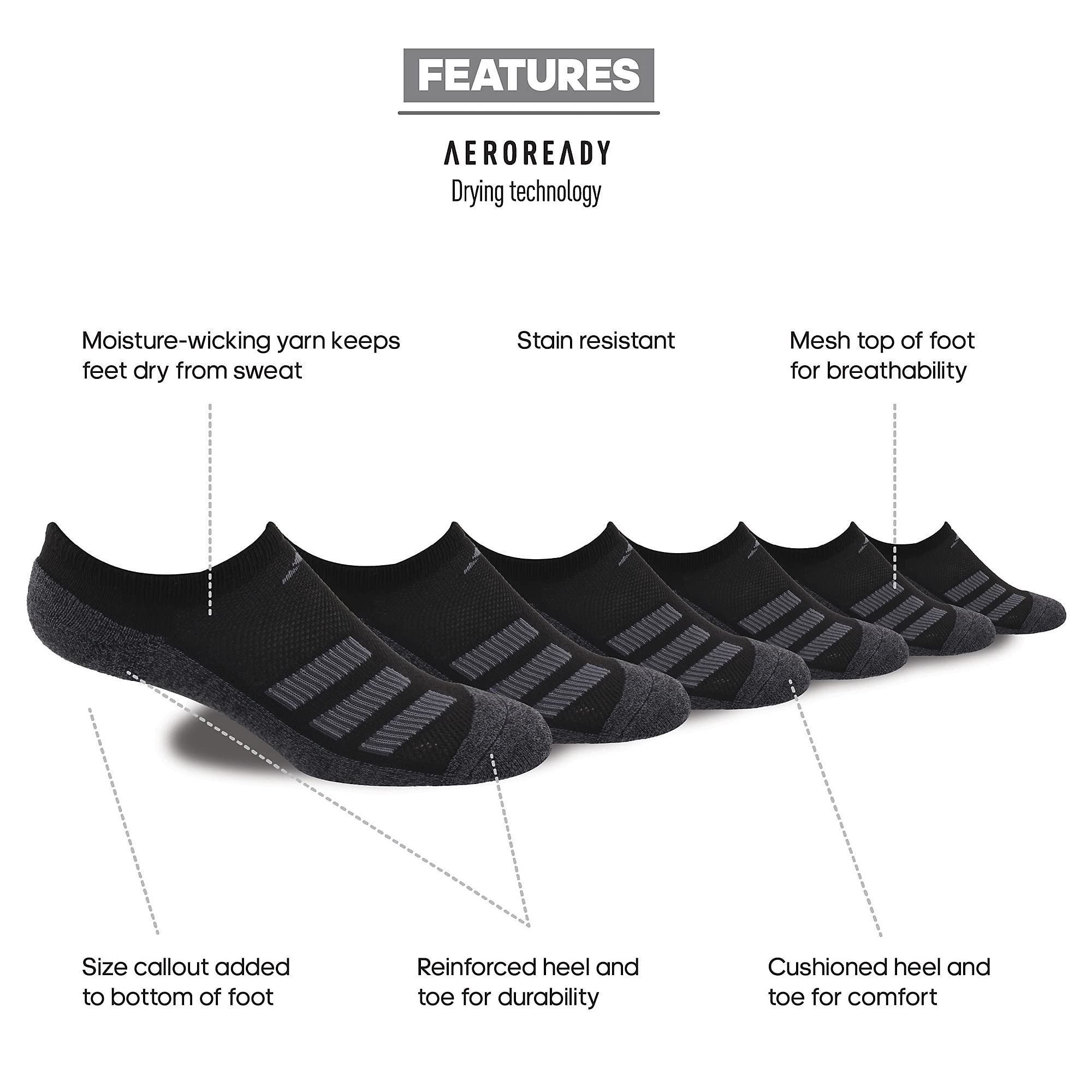 adidas Kids-boy's/Girl's Cushioned Angle Stripe (6-pair) No Show Sock, Black/Onix Grey/Night Grey, Large US