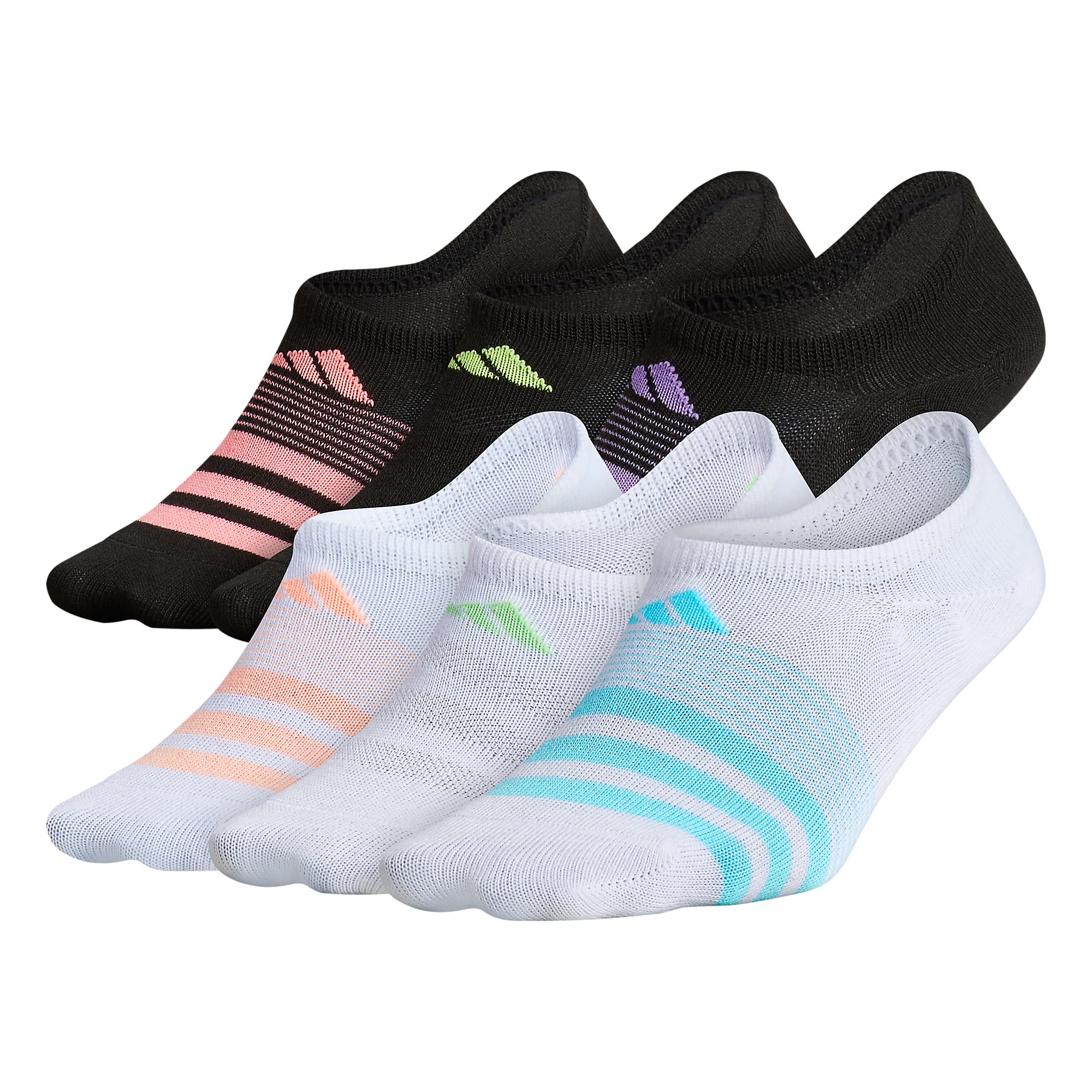 adidas Girl's Superlite 6-Pack Super No Show, White/Clear Aqua Blue/Black, Large