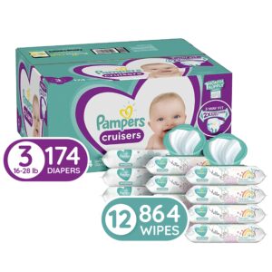 diapers size 3, 174 count and baby wipes - pampers cruisers disposable baby diapers, one month supply with pampers sensitive water baby wipes, 12x pop-top packs, 864 count (packaging may vary)