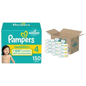 diapers size 4, 150 count and baby wipes - pampers swaddlers disposable baby diapers, one month supply with pampers sensitive water baby wipes, 12x pop-top packs, 864 count (packaging may vary)