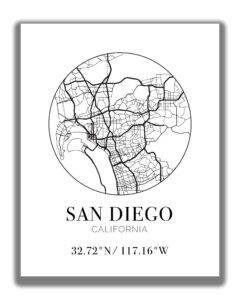 san diego ca city street map wall art - 11x14 unframed modern abstract black & white aerial view decor print with coordinates. makes a great california-themed gift.