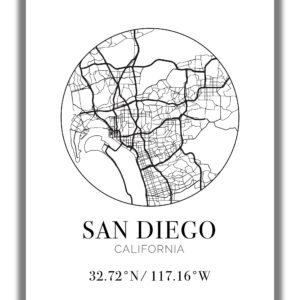 San Diego CA City Street Map Wall Art - 11x14 UNFRAMED Modern Abstract Black & White Aerial View Decor Print with Coordinates. Makes a great California-Themed Gift.