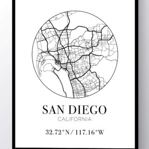 San Diego CA City Street Map Wall Art - 11x14 UNFRAMED Modern Abstract Black & White Aerial View Decor Print with Coordinates. Makes a great California-Themed Gift.