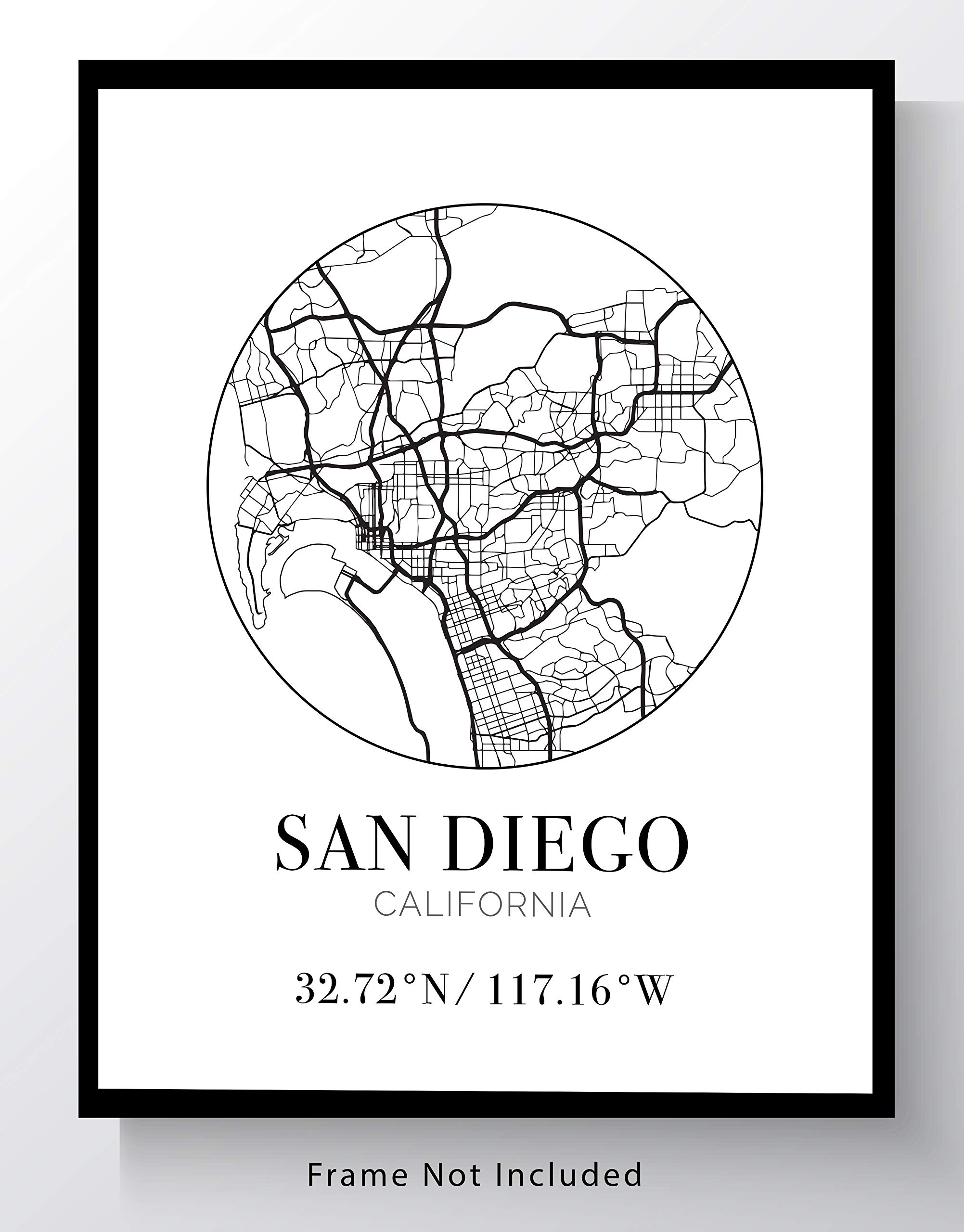 San Diego CA City Street Map Wall Art - 11x14 UNFRAMED Modern Abstract Black & White Aerial View Decor Print with Coordinates. Makes a great California-Themed Gift.