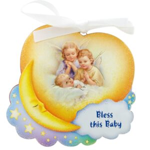 Needzo Bless This Baby with Guardian Angels Hanging Wooden Crib Medal with Prayer Card, 3 3/4 Inch