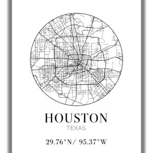 Houston TX City Street Map Wall Art - 11x14 UNFRAMED Modern Abstract Black & White Aerial View Decor Print with Coordinates. Makes a great Houston Texas-Themed Gift.