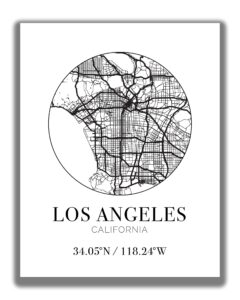 los angeles ca city street map wall art - 11x14 unframed modern abstract black & white aerial view decor print with coordinates. makes a great la california-themed gift.