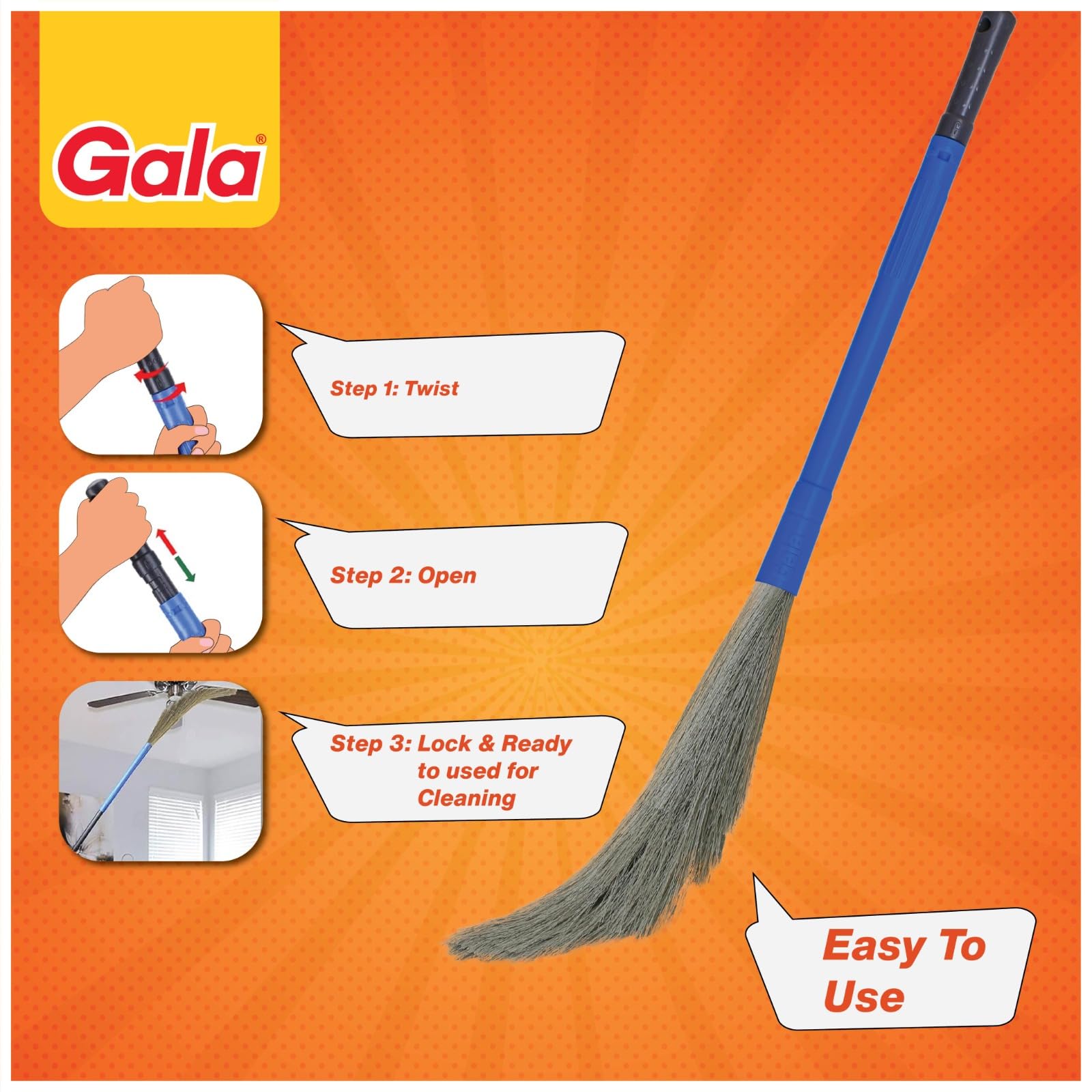 Gala No Dust Floor Broom- (Freedom from New Broom Dust- Bhusa) 2-in-1 - with Extendable Handle (1)