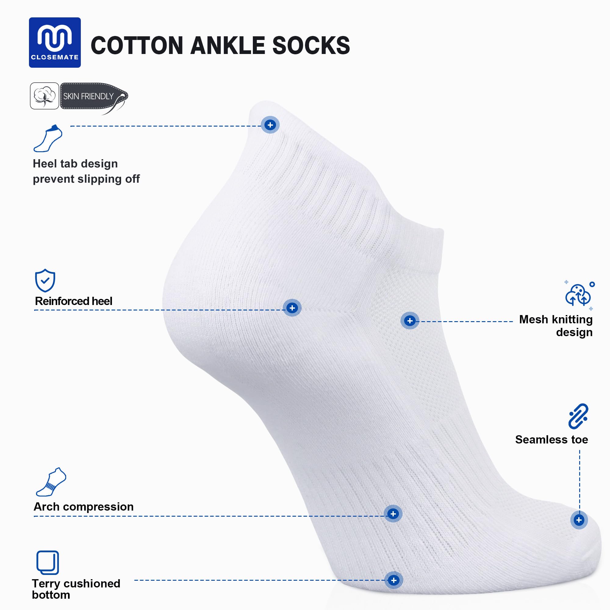 Closemate Ankle Athletic Running Socks 7 Pairs Low Cut Wicking Sport Cushion Tab Socks for Men and Women (7White, Size L)