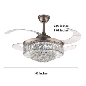 US DELIVER Modern Dimmable Fandelier Crystal Ceiling Fan with Lights and Remote Invisible Retractable Chandelier Fan Light LED Lighting-Polished Chrome 42" (Crystal)