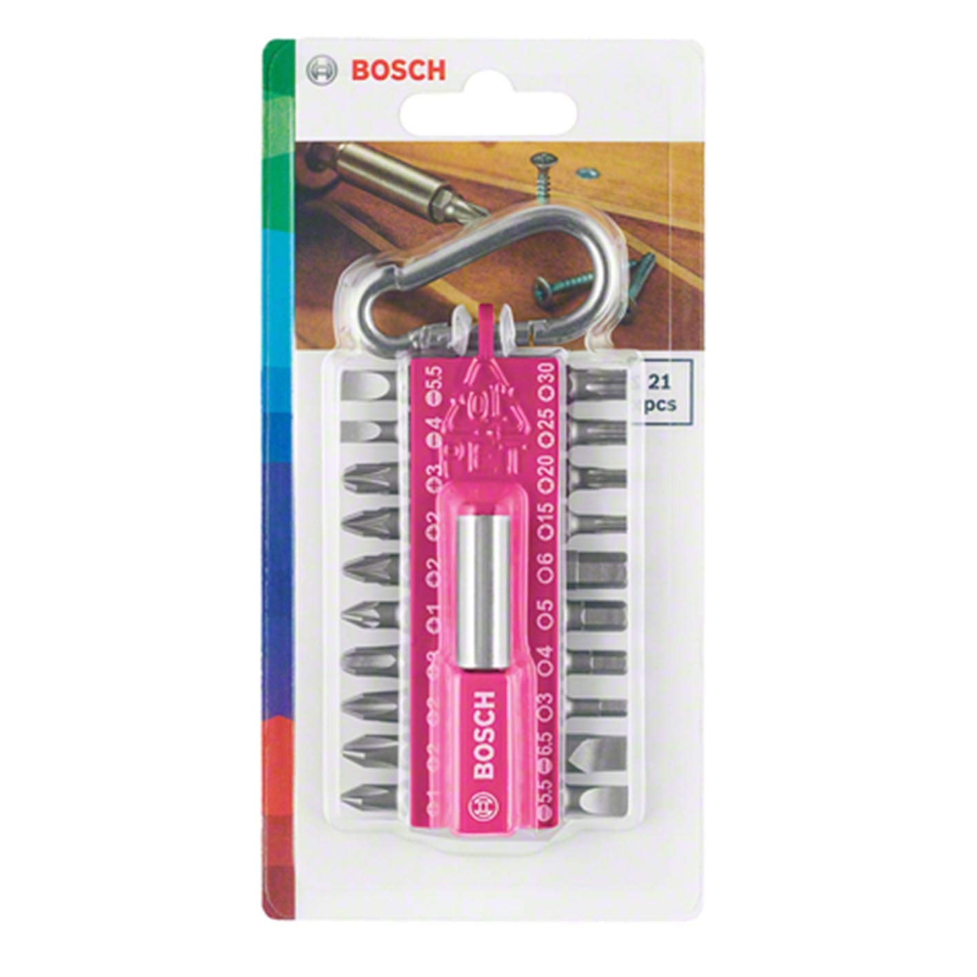 Bosch 21 Piece Screwdriver Bit Set Pink (with Magnetic Bit Holder, Carabiner, Accessory for Electric Screwdrivers)