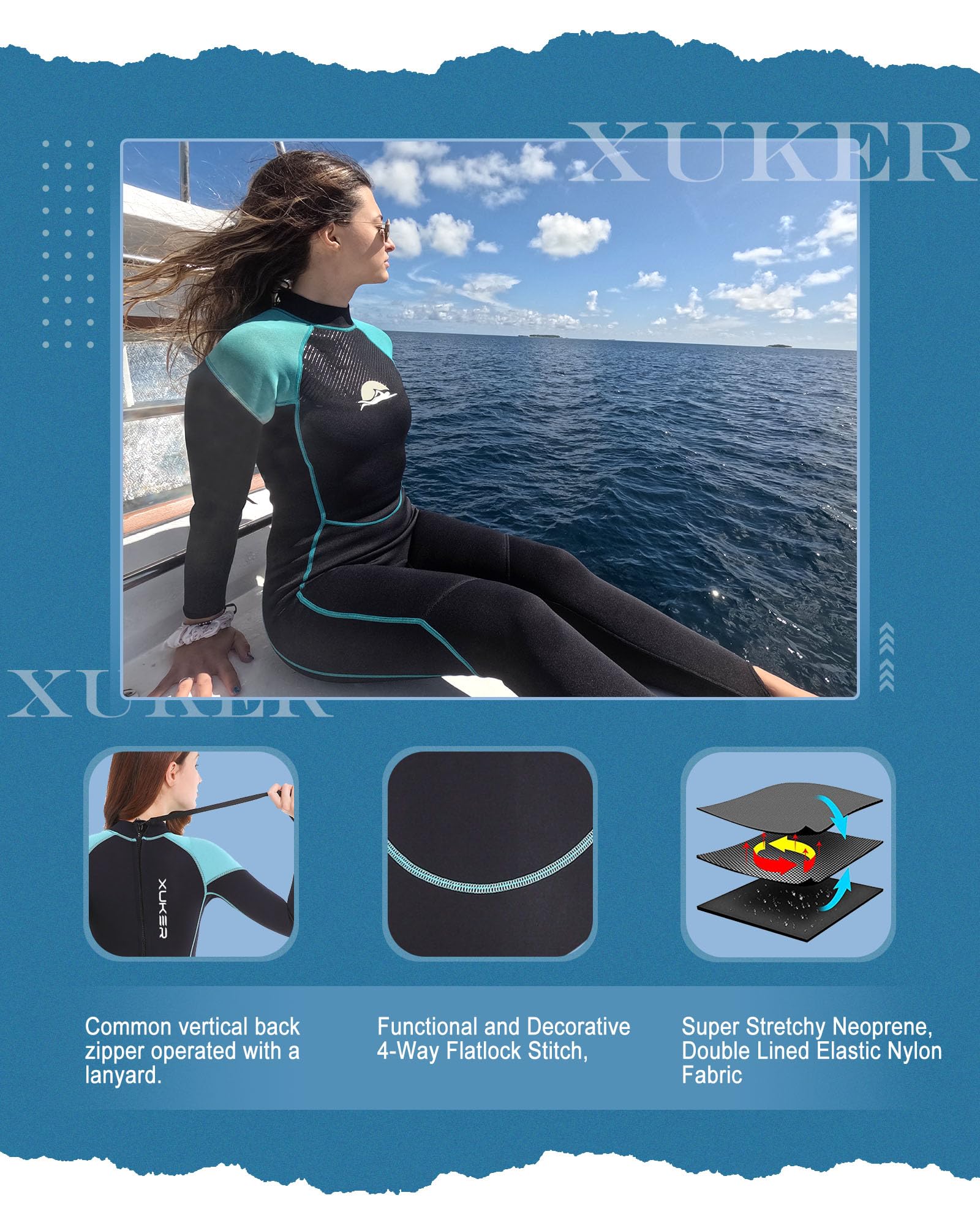 XUKER Wetsuit Women, 2mm Neoprene Long Sleeve Full Body Back Zip Wet Suit in Cold Water for Diving Surfing Snorkeling Kayaking Swimming Scuba Water Sports