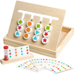 HOONEW Montessori Preschool Learning Toys Slide Puzzle Board Color Shape Sorting Matching Logic Game Wooden Education Family Travel Toys for Kids Boys Girls Age 3 4 5 6 Years Old