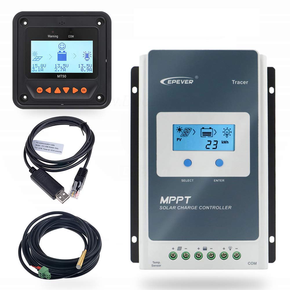 EPEVER 20A MPPT Solar Charge Controller 12/24V DC Tracer-an Series Charge Controller with MT50 Remote Meter &Temperature Sensor &RS485 Cable fit for Lithium, Sealed, AGM Battery Negative Grounded