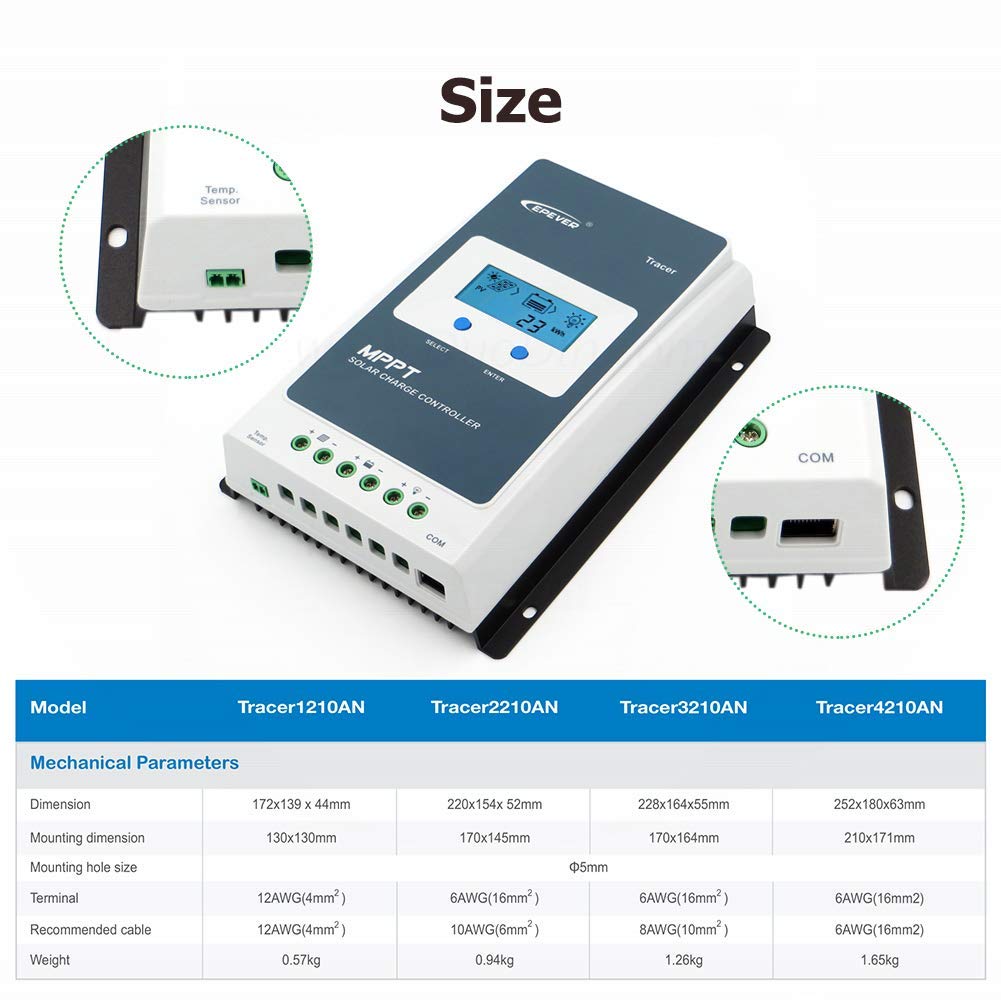 EPEVER 20A MPPT Solar Charge Controller 12/24V DC Tracer-an Series Charge Controller with MT50 Remote Meter &Temperature Sensor &RS485 Cable fit for Lithium, Sealed, AGM Battery Negative Grounded