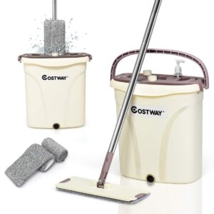costway flat mop and bucket set with 2pcs microfiber pads, hand-free wringing squeeze mop separate dirty water from clean water for wet and dry mopping on hardwood, laminate, tile