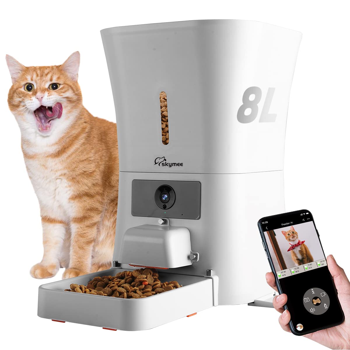 SKYMEE 8L/12L Smart Automatic Pet Feeder Food Dispenser for Cats & Dogs - 1080P Full HD Pet Camera Treat Dispenser with Night Vision and 2-Way Audio, Wi-Fi Enabled App for iPhone and Android