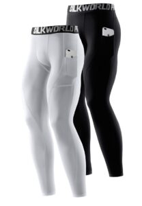 silkworld men's compression pants pockets cool dry gym leggings baselayer running tights(x-large,2 pack: black+white)