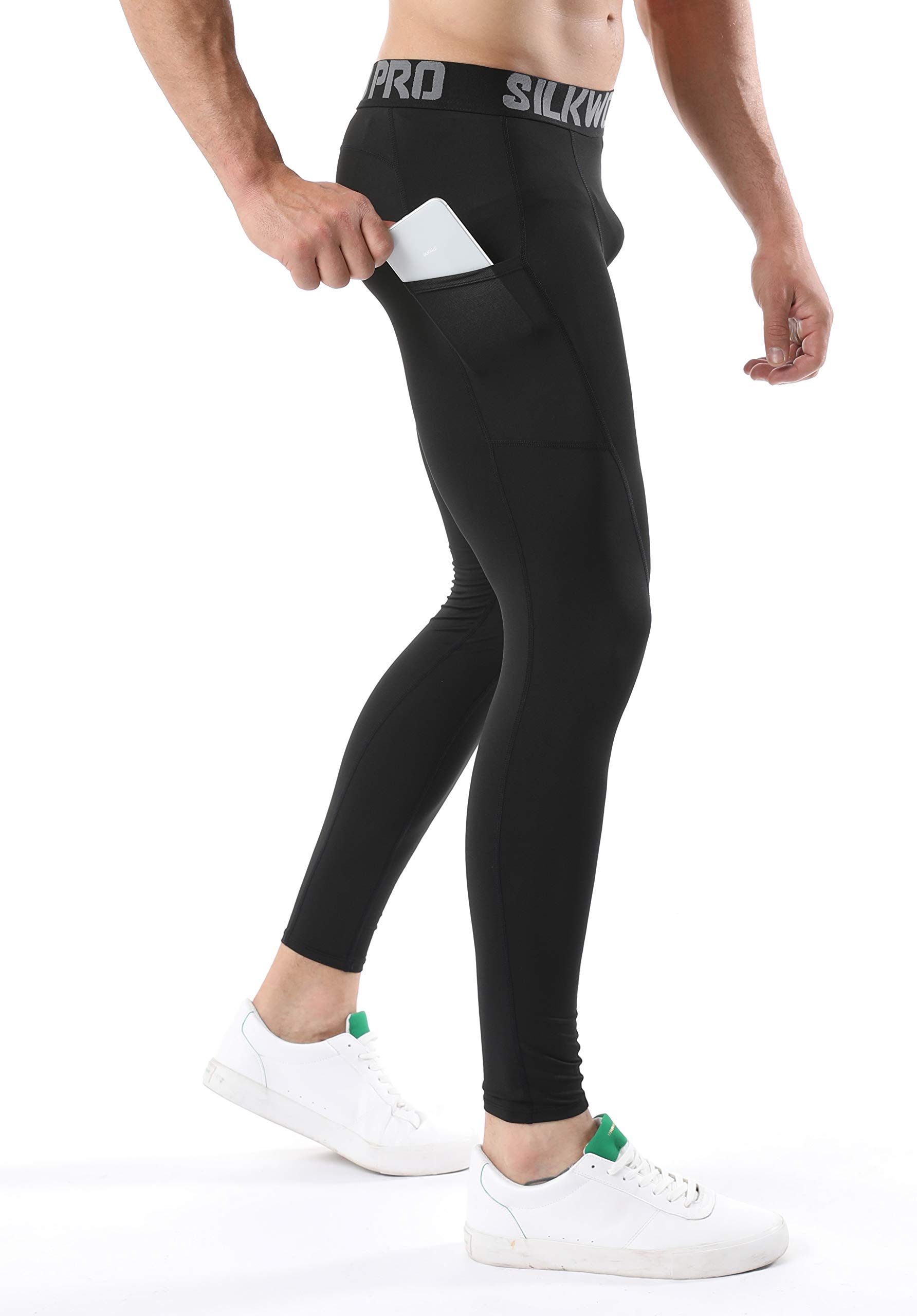 SILKWORLD Men's Compression Pants Pockets Cool Dry Gym Leggings Baselayer Running Tights(X-Large,2 Pack: Black+White)