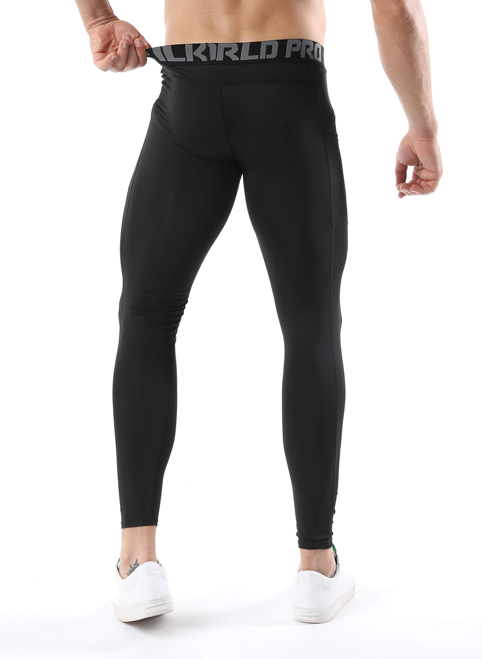 SILKWORLD Men's Compression Pants Pockets Cool Dry Gym Leggings Baselayer Running Tights(X-Large,2 Pack: Black+White)