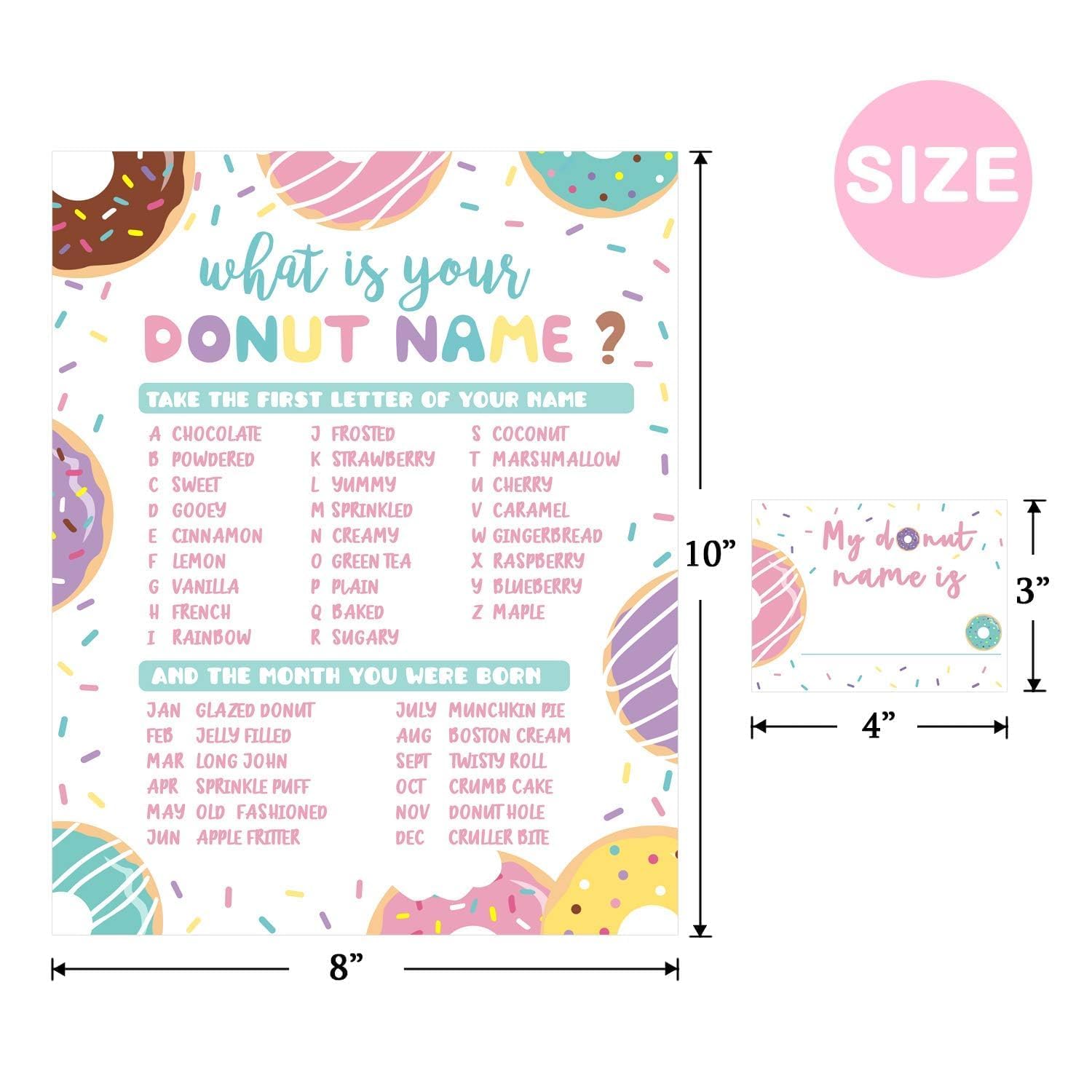 Levfla What's Your Donut Name Game Girls Sprinkles Birthday Party Sign Kids Doughnut Hole Activity Stickers Tags Photo Props Ideas Decoration Supplies