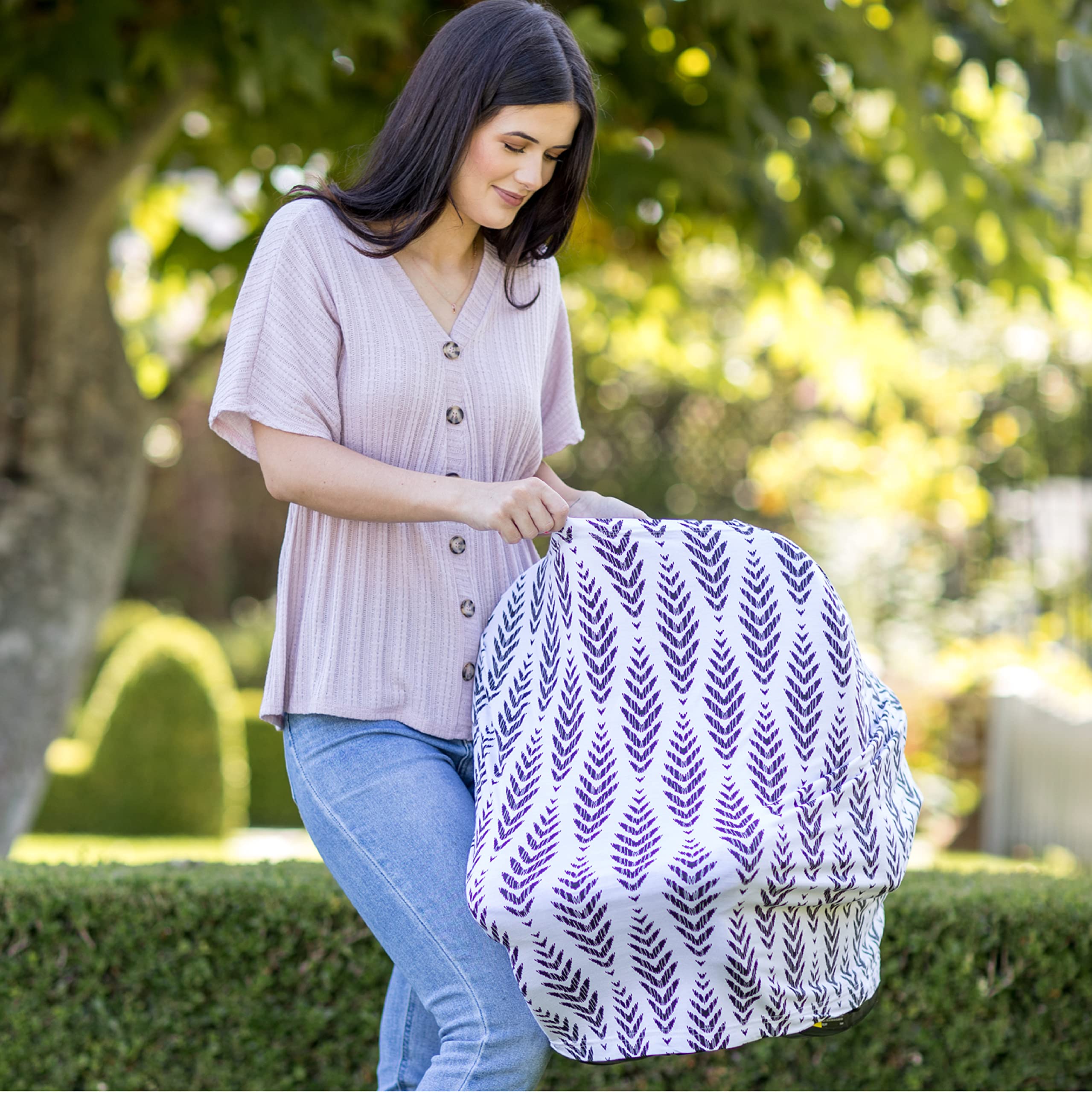 J.L. Childress 4-in-1 Multi-Use Cover - Stretchy Car Seat Canopy and Privacy Cover, Breastfeeding Nursing Cover, Feathers