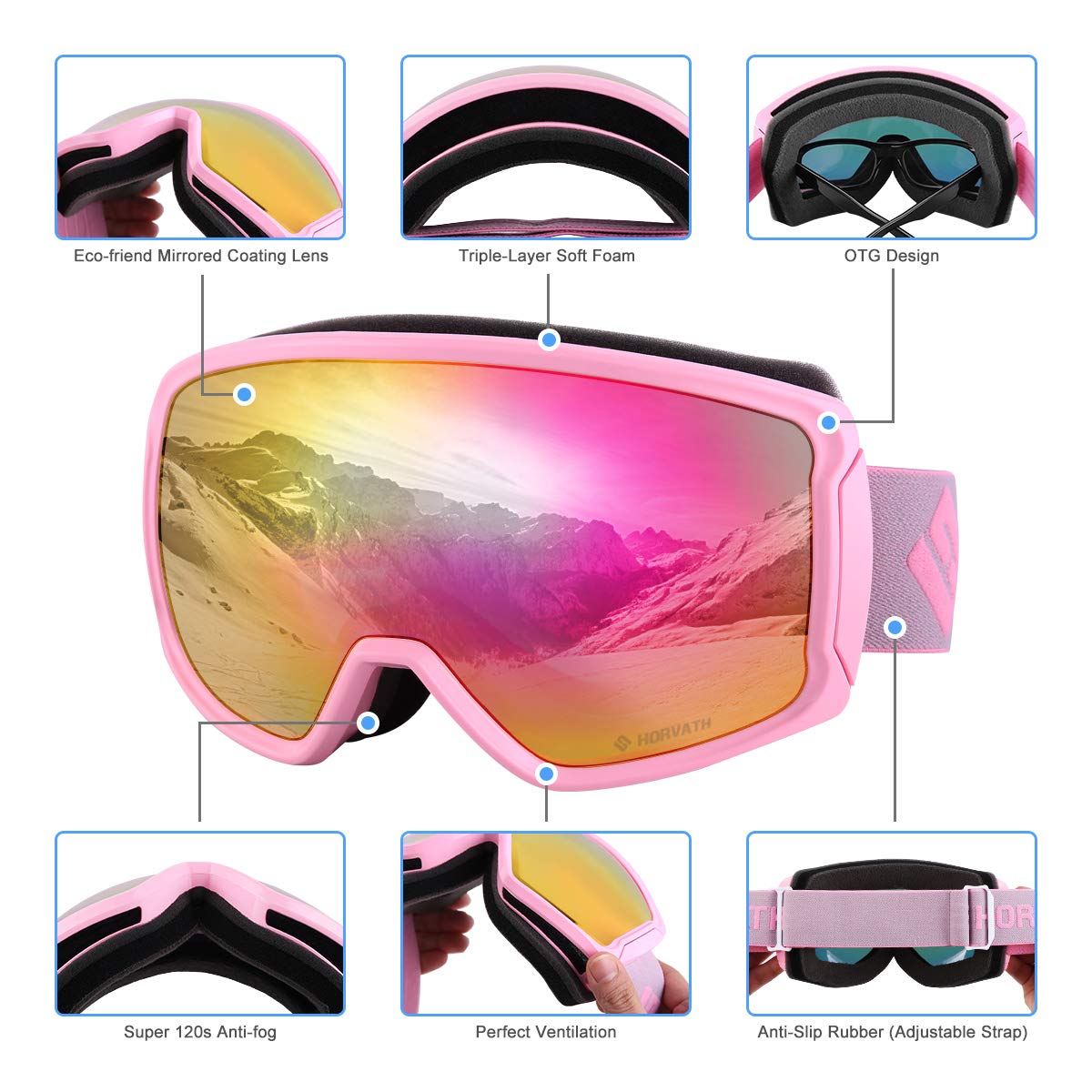 SH HORVATH Ski Snowboard OTG Goggles, HD Mirrored Anti-Fog Goggle for Men Women