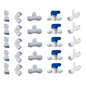 mattox 1/4" od quick connect push in to connect tube fittings set for ro water reverse osmosis system water, 25 pcs water tube fittings ball valve +t +i +l type combo