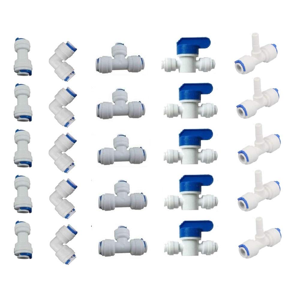 MATTOX 1/4" OD Quick Connect Push in to Connect Tube Fittings Set for RO Water Reverse Osmosis System Water, 25 Pcs Water Tube Fittings Ball Valve +T +I +L Type Combo