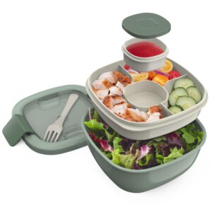 bentgo® all-in-one salad container - large salad bowl, bento box tray, leak-proof sauce container, airtight lid, & fork for healthy adult lunches; bpa-free & dishwasher/microwave safe (khaki green)
