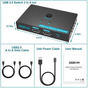 SGEYR Metal USB Switch 2 Computers Sharing 4 USB Devices USB 2.0 Switcher Box, USB Peripheral Switch Adapter, for Printer, Mouse, Scanner, PCs with One-Button Swapping and 2 Pack USB A to A Cable