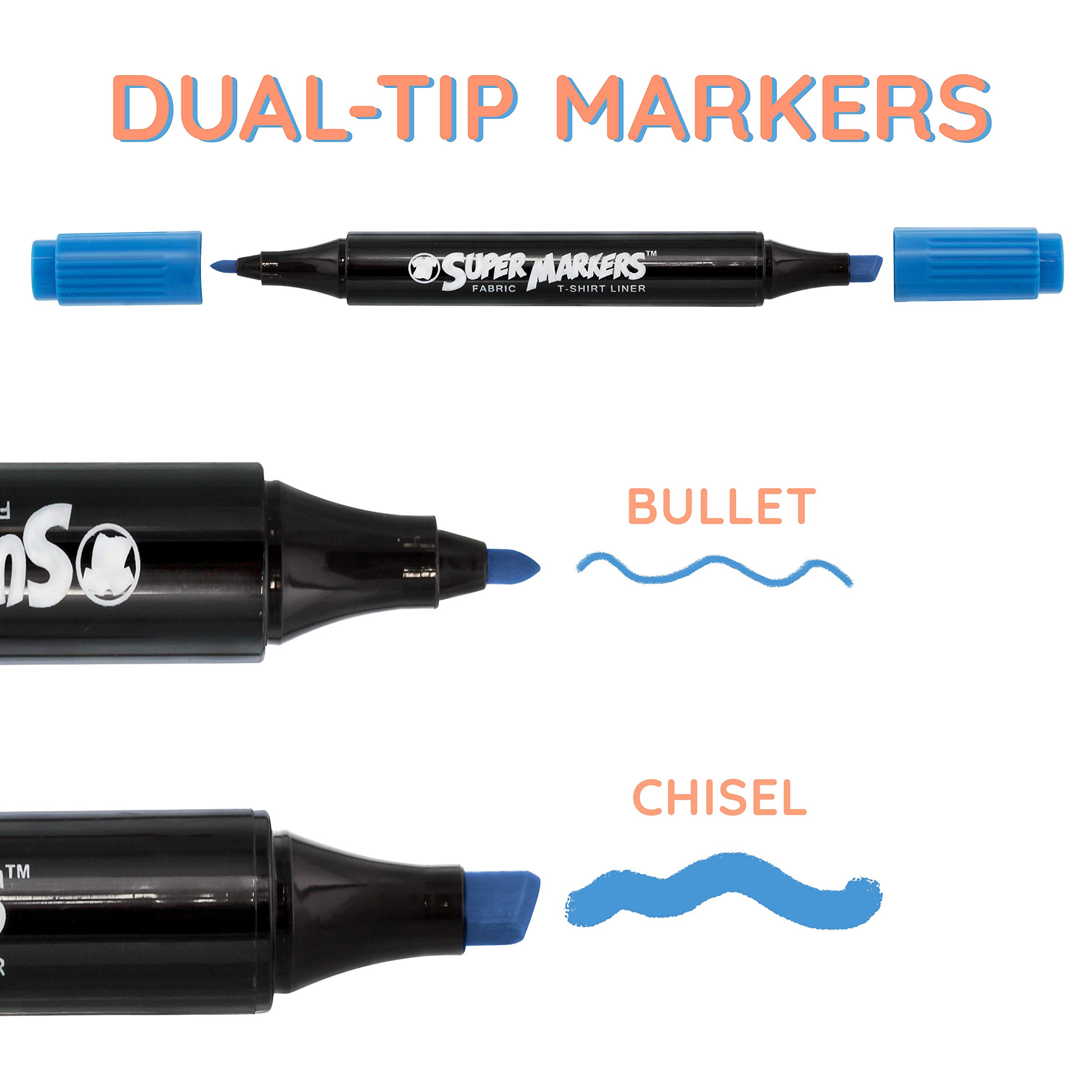 Super Markers 40 Unique Primary & Pastel Colors Dual Tip Fabric & T-Shirt Marker Set - Double-Ended Fabric Markers with Chisel Point and Fine Point Tips - 40 Permanent Ink Vibrant and Bold Colors