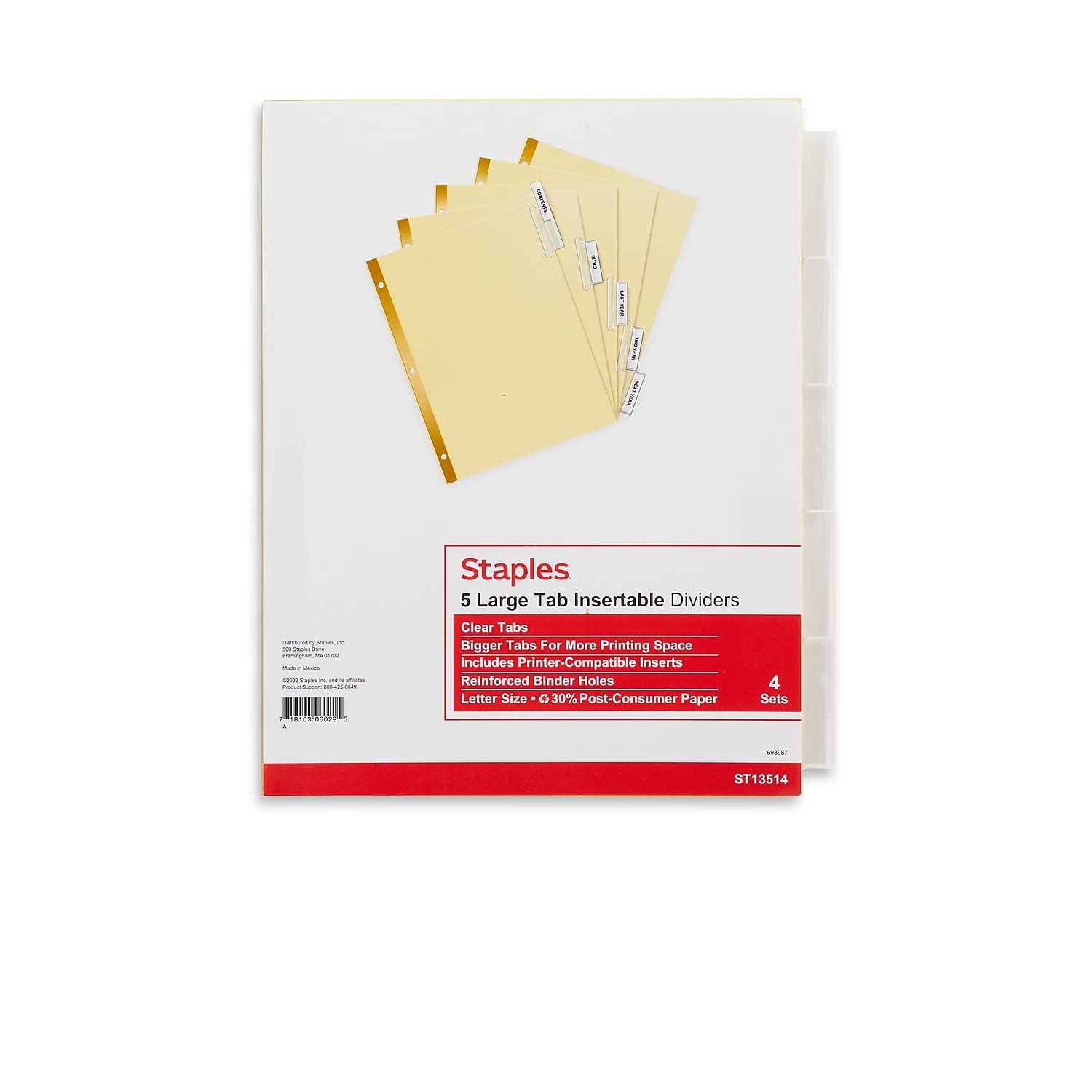 Staples 431422 Big Tab Blank Paper Dividers 5-Tab Clear 4/Pack (13514/14480)