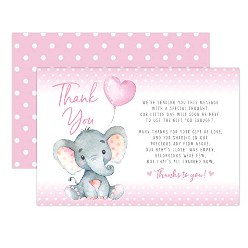 Pink Elephant Baby Shower, Thank You Cards 20 Count Pre-written Thank You Cards, Baby Sprinkle Pink Dots