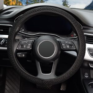 KAFEEK Elastic Stretch Steering Wheel Cover,Warm in Winter and Cool in Summer, Universal 15 inch, Microfiber Breathable Ice Silk, Anti-Slip, Odorless, Easy Carry,Black