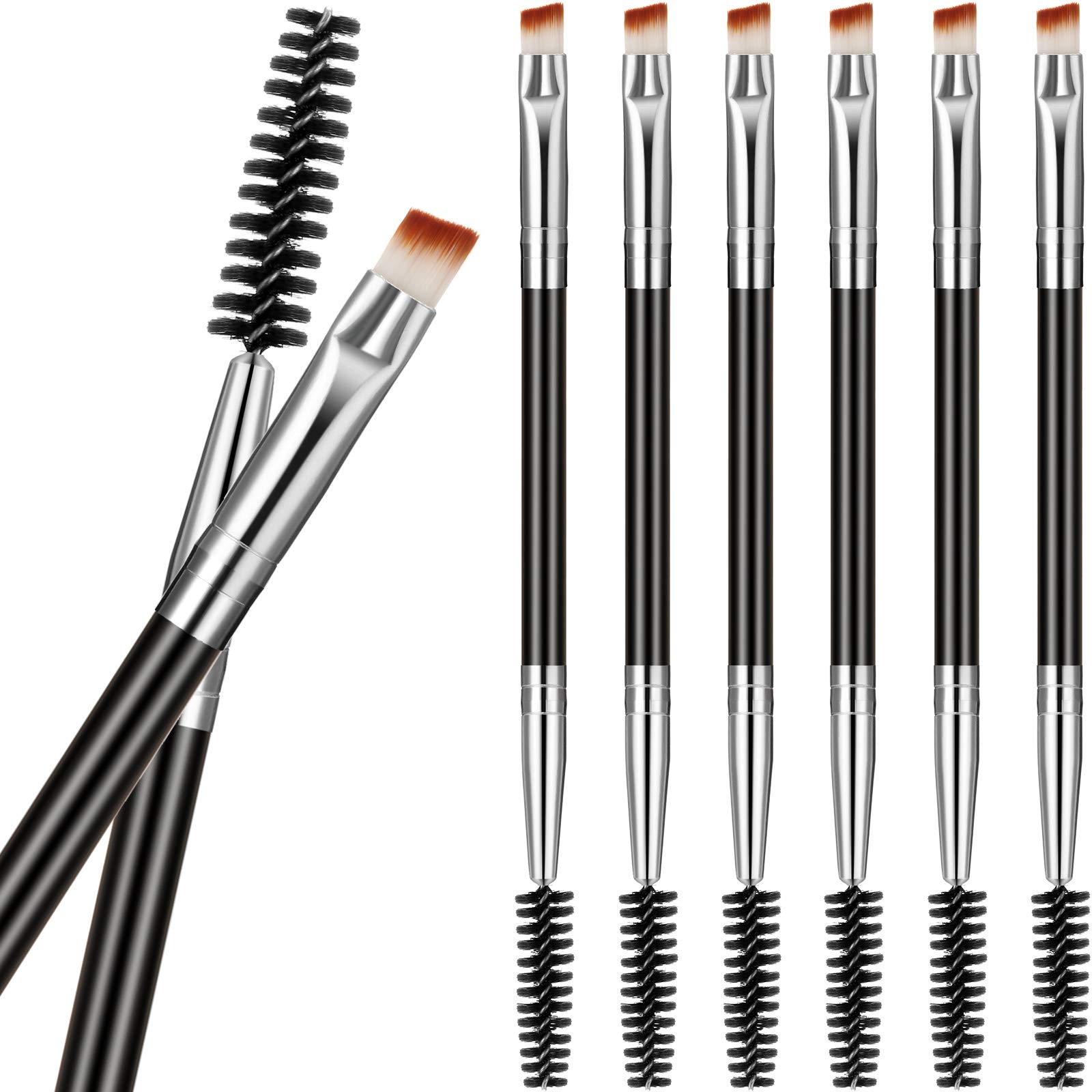 6 Pieces Duo Eyebrow Brush Angled Eye Brow Brush and Spoolie Brush Mini Eyelash Brush for Tinting Angled Eyebrow, Fit for Gel and Cream (Silver)