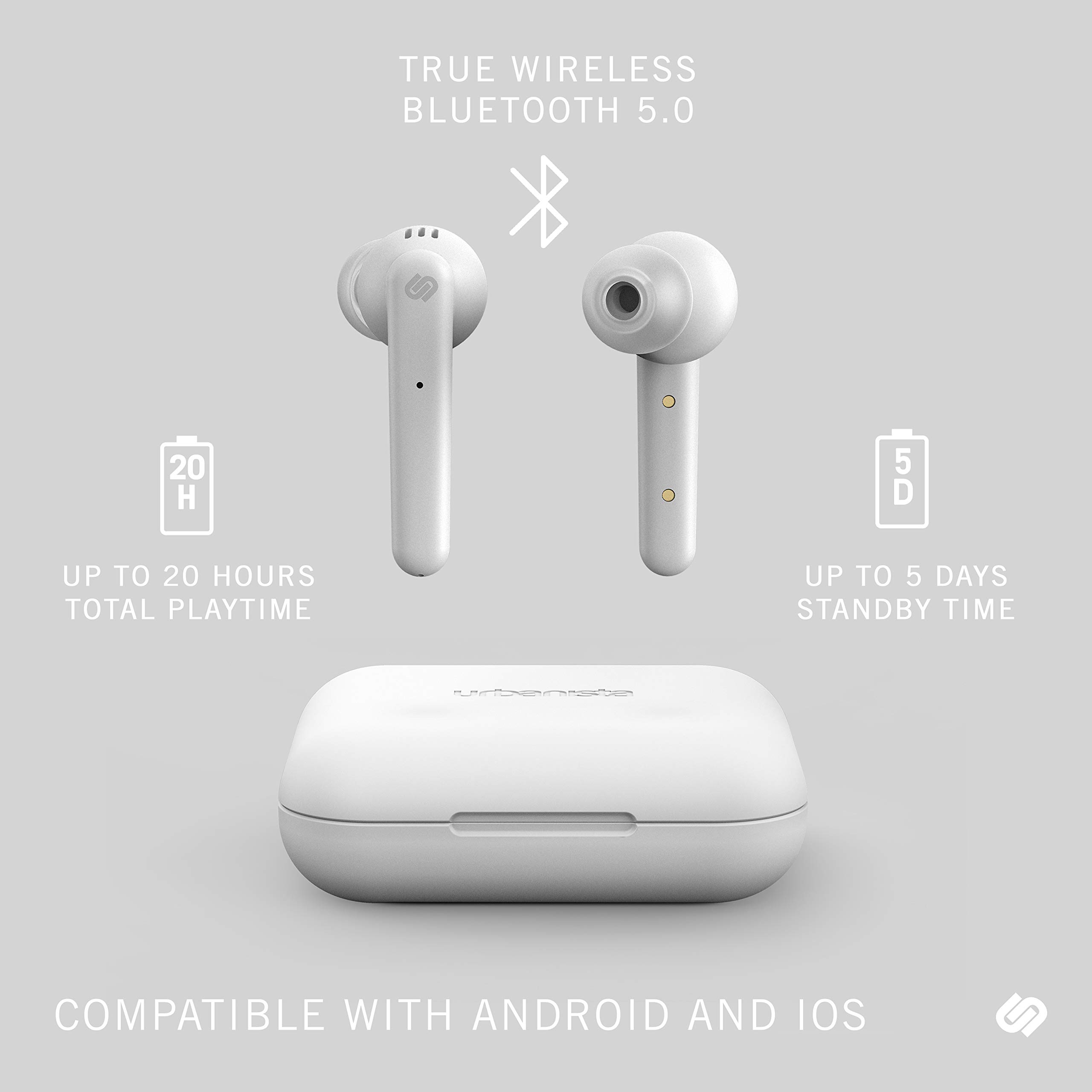 Urbanista True Wireless Earphones 20H Playtime Wireless Charging Case and Bluetooth 5.0, Noise Cancelling Earphones with Touch Controls + Built-in Mic, Compatible with Android and iOS – Paris, White