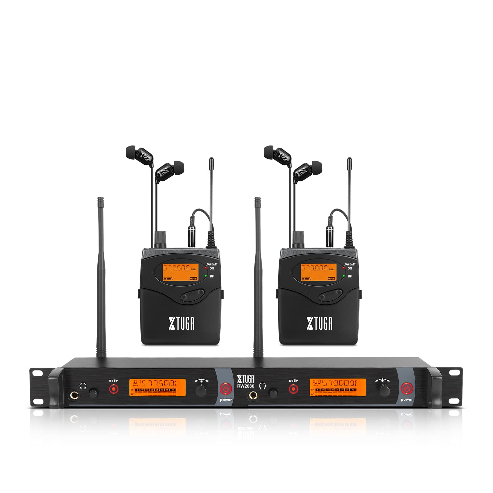 XTUGA RW2080 Whole Metal Wireless in Ear Monitor System 2 Channel 2 Bodypacks Monitoring with in Earphone Wireless Type Used for Stage or Studio Frequency902-928mhz with Transmitter