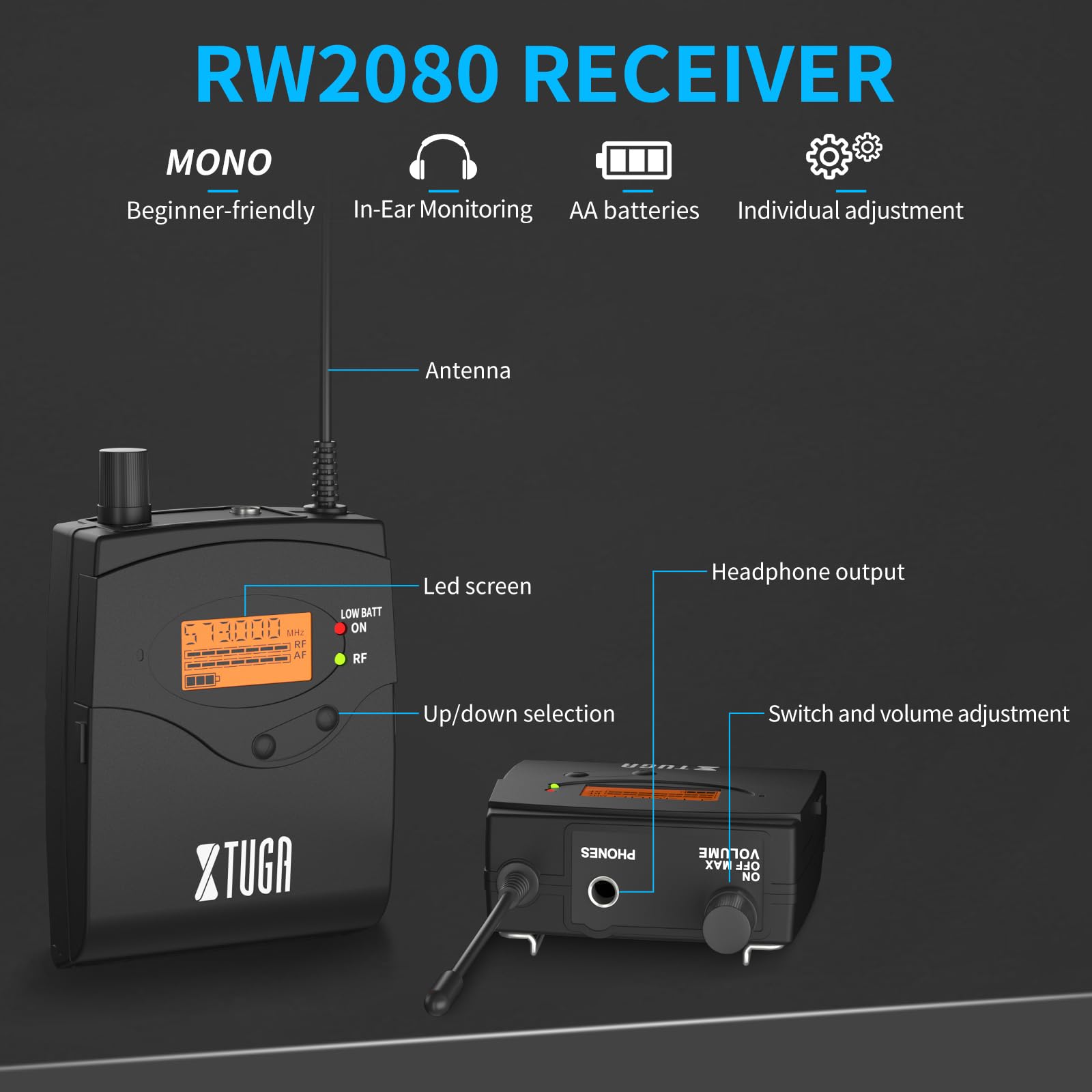 XTUGA RW2080 Whole Metal Wireless in Ear Monitor System 2 Channel 2 Bodypacks Monitoring with in Earphone Wireless Type Used for Stage or Studio Frequency902-928mhz with Transmitter