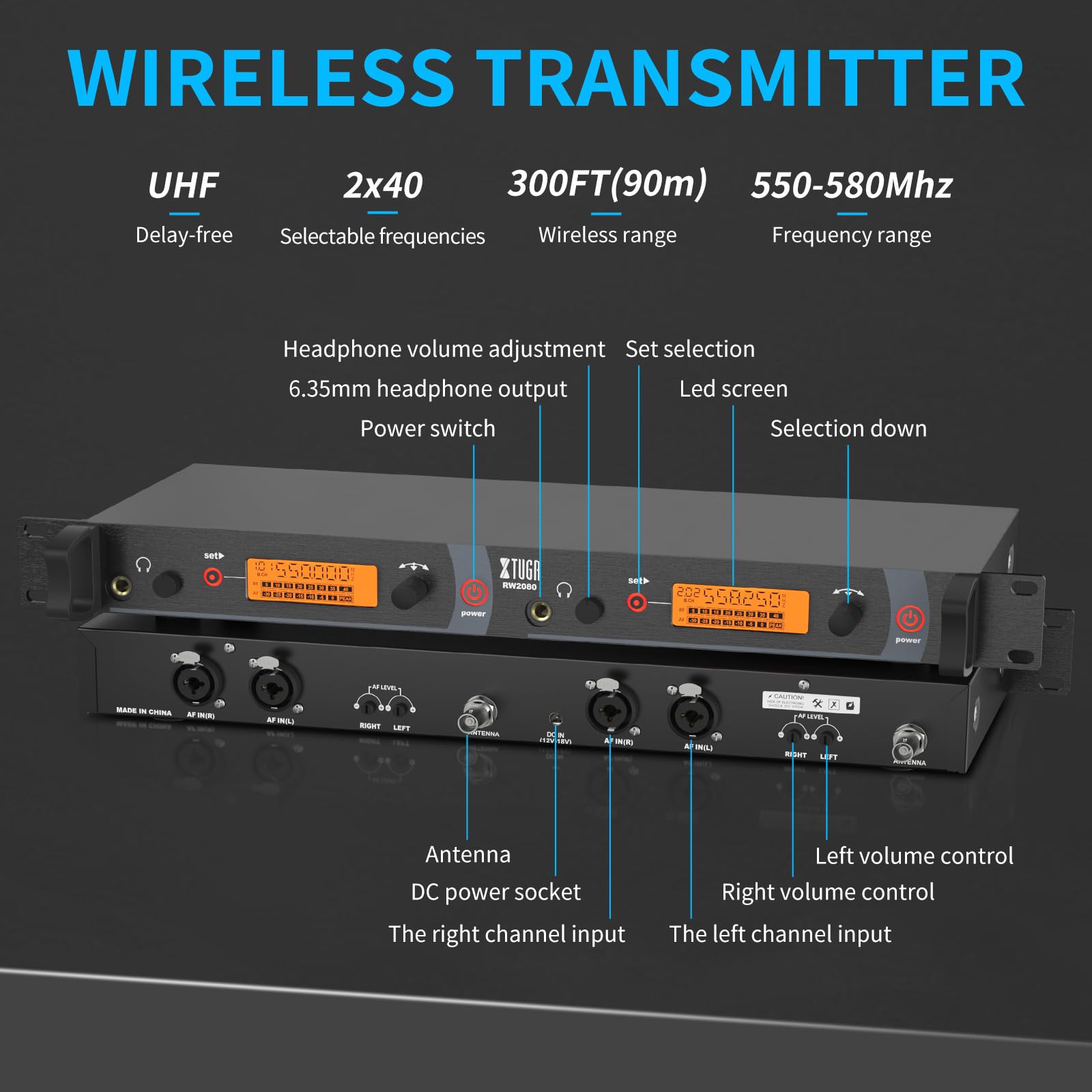 XTUGA RW2080 Whole Metal Wireless in Ear Monitor System 2 Channel 2 Bodypacks Monitoring with in Earphone Wireless Type Used for Stage or Studio Frequency902-928mhz with Transmitter