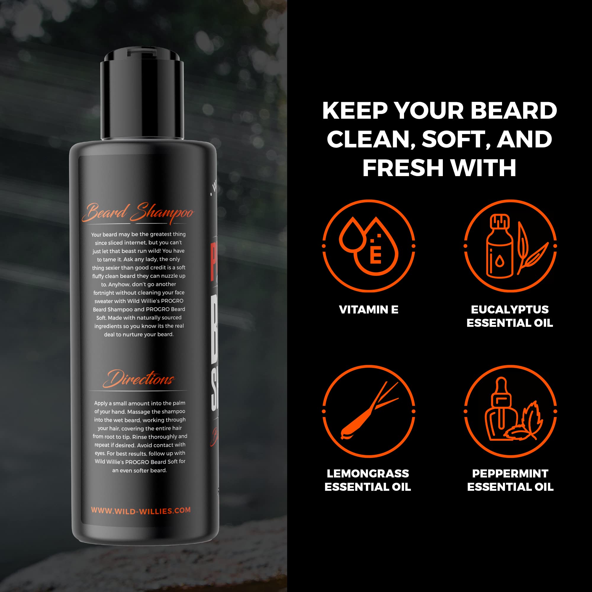 Wild Willies PROGRO Beard Growth & Moisturizing Shampoo Fortified with Biotin & Caffeine for Facial Hair Growth, Hydration & Softener - Strengthens Follicles for Healthy Looking Beard, 4oz