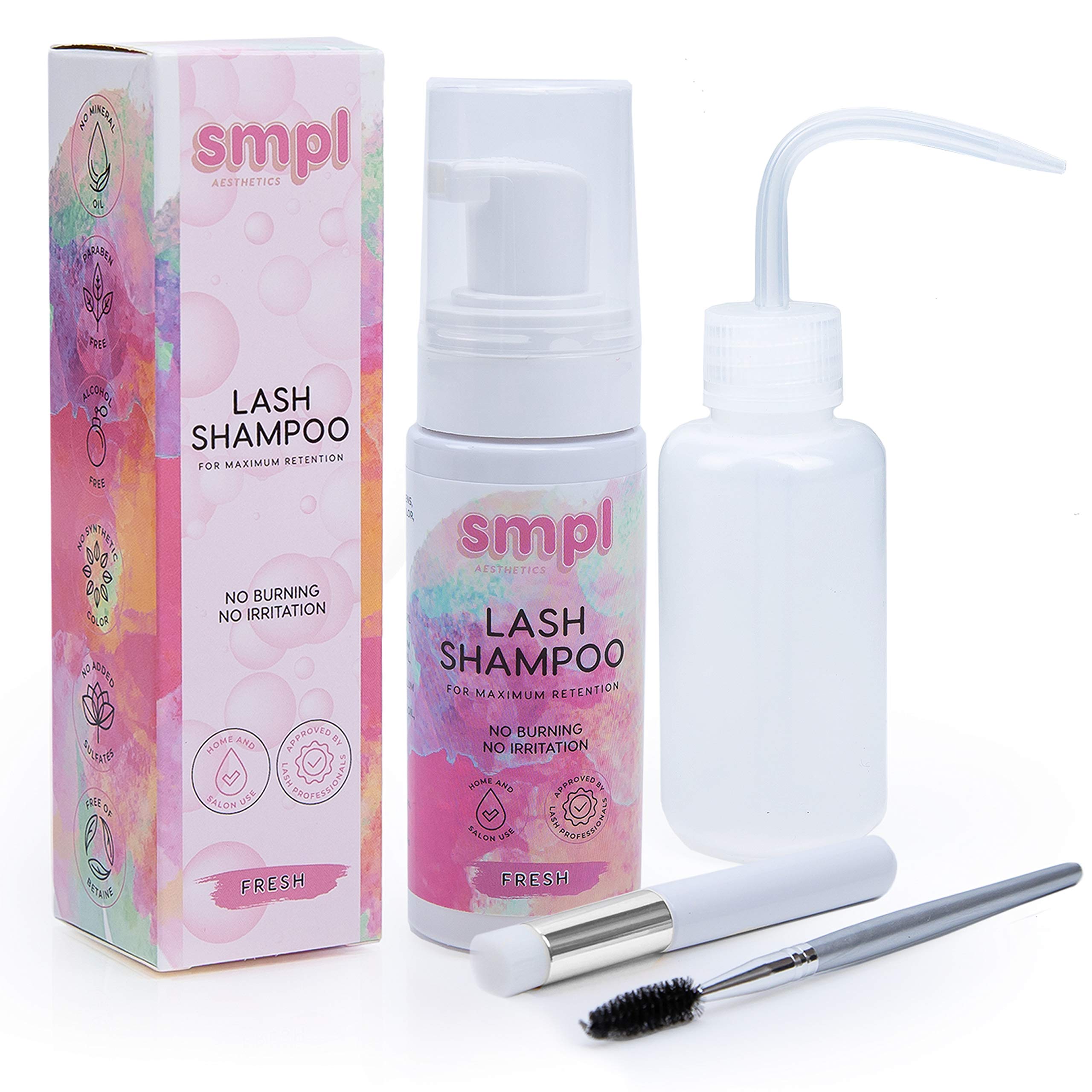 SMPL Aesthetics Eyelash Extension Cleanser, Lash Shampoo, Lash Cleaner for Extensions, Lash Brush, Rinse Bottle, Lash Bath, Free E-Book Sensitive, Paraben, Sulfate Free, Makeup Remover, Primer (Fresh)