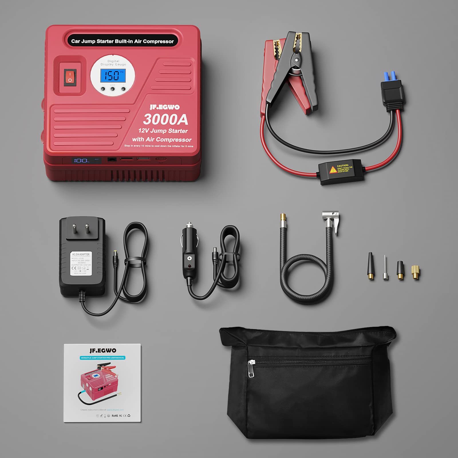 3000Amp Car Jump Starter with Air Compressor, 150PSI Tire Inflator with Digital Screen Pressure Gauge, 24000mAh 12V Auto Battery Booster (9.0L Gas/ 8.5LDiesel Engine), 2 USB Port 2 Light