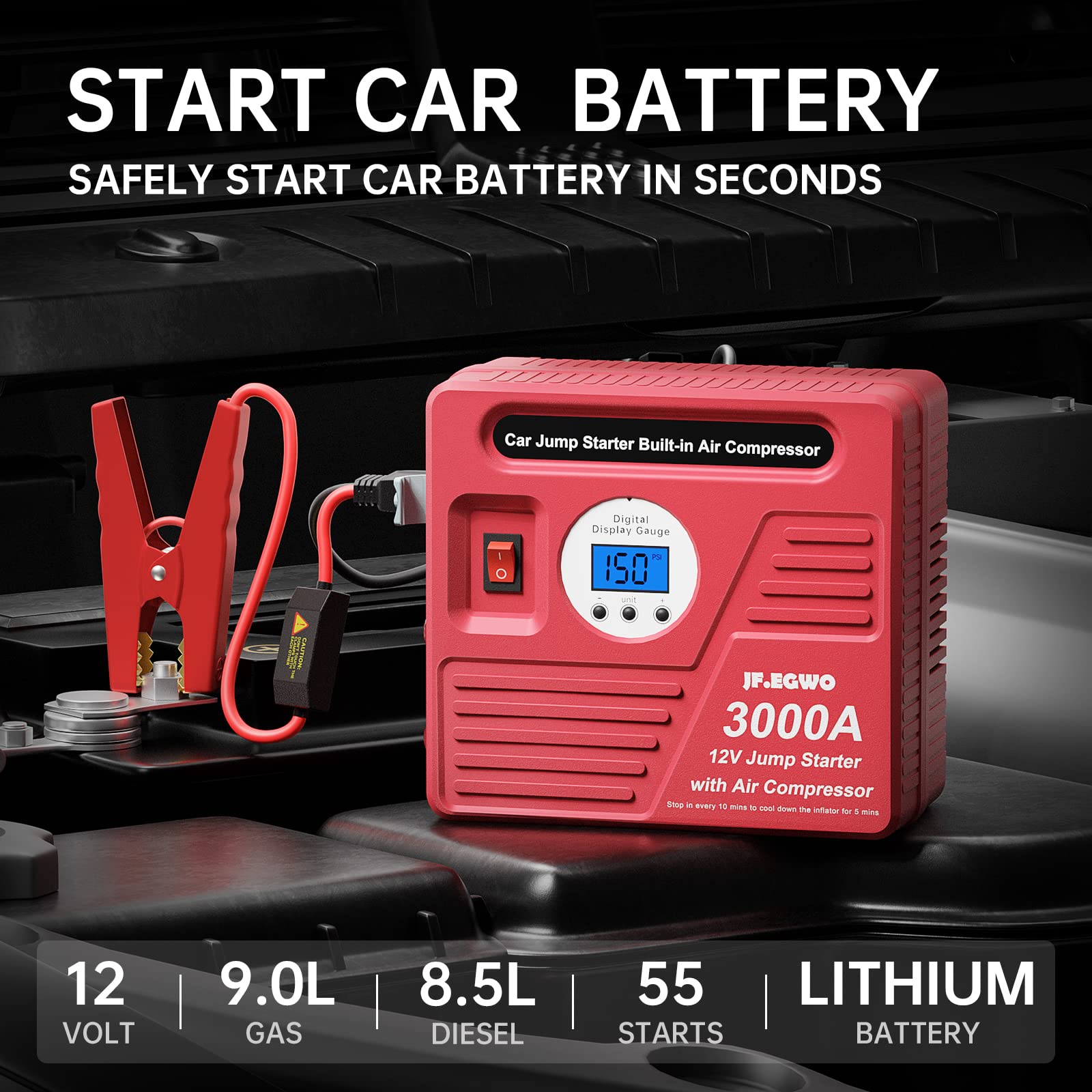 3000Amp Car Jump Starter with Air Compressor, 150PSI Tire Inflator with Digital Screen Pressure Gauge, 24000mAh 12V Auto Battery Booster (9.0L Gas/ 8.5LDiesel Engine), 2 USB Port 2 Light