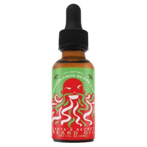 santa's secret beard oil scented like a christmas candy cane with peppermint, clove, ylang ylang and sweet orange from woodlands beard co.