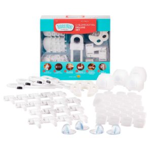 toddleroo by north states childproofing deluxe kit | 4 door knob covers, 34 plug protectors, 18 latches, 1 pinch protector, 4 gel corners, 4 cabinet locks | baby proofing set (65 piece set, white)