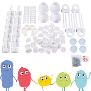 Toddleroo by North States Childproofing Deluxe Kit | 4 Door knob Covers, 34 Plug Protectors, 18 latches, 1 Pinch Protector, 4 Gel Corners, 4 Cabinet Locks | Baby proofing Set (65 Piece Set, White)