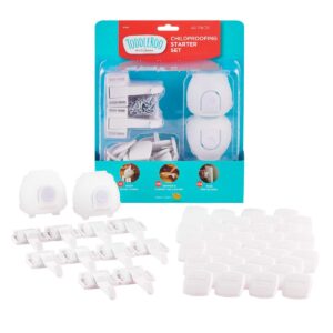 toddleroo by north states childproofing starter kit | 2 door knob covers, 34 plug protectors, 10 drawer & cabinet latches | baby proofing with confidence (46 piece set, white)