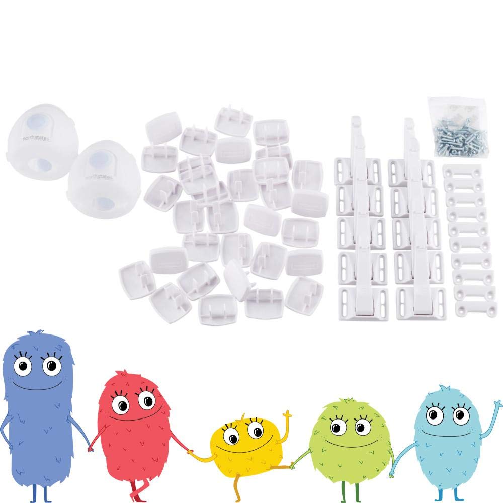 Toddleroo by North States Childproofing Starter Kit | 2 Door knob Covers, 34 Plug Protectors, 10 Drawer & Cabinet latches | Baby proofing with Confidence (46 Piece Set, White)