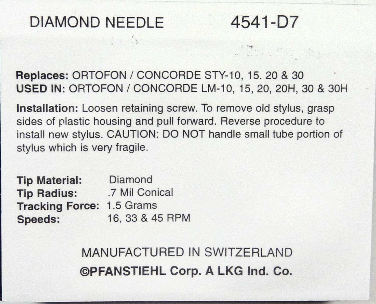 Pfanstiehl Phonograph Needle Stylus For OM Ortofon Concorde STY-10 15 20 30 LM-10 15 20 20H 30 30H LM-10, LM-15, LM-20, LM-20H, LM-30, LM-30H 4541-D7